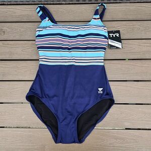 TYR Delray Straight Neck Control Fit Aqua/blue 1 Piece Bathing Suit Sz 8 NWT